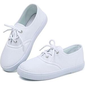 Big Girls Size 13 Basic White Canvas Lace Up Non Slip Comfortable Sneaker Shoes